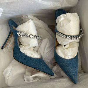 New Jimmy Choo Bing 100 Blue Denim Crystal-Strap Mules NWT 8.5 US/38.5 IT